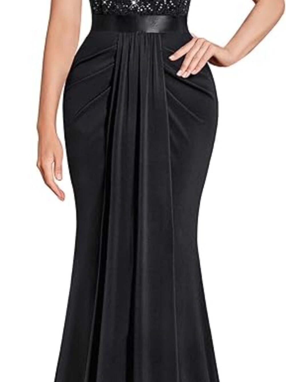 Women's Deep V-Neck Lace Sequin Pleated Evening Formal Dress - Picture 5 of 6